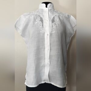100% Ramie White Embroidered Mandarin-Collar Button-Front Blouse